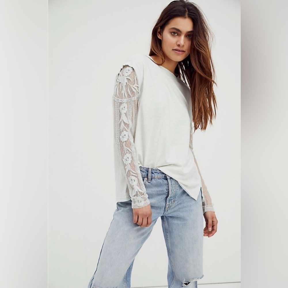 Free People Billie Jean Twofer White Lace Sleeve Long-Sleeve Top